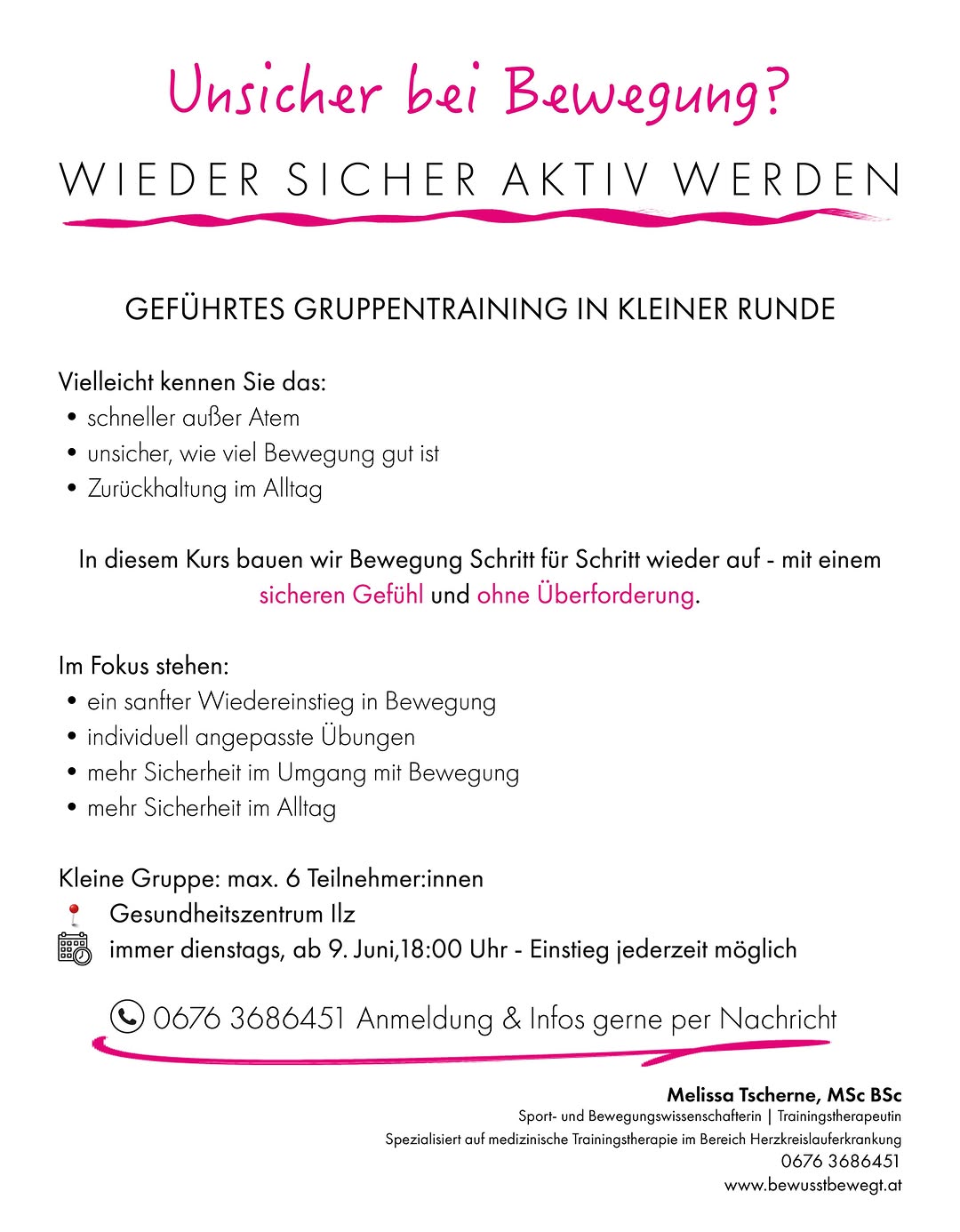 Geführtes Gruppentraining in kleiner Runde – für einen sicheren Wiedereinstieg ohne Überforderung. 📍 Ilz | ab 9. Juni, dienstags 18:00 📞 0676 3686451 Gerne melden & teilen 🙌